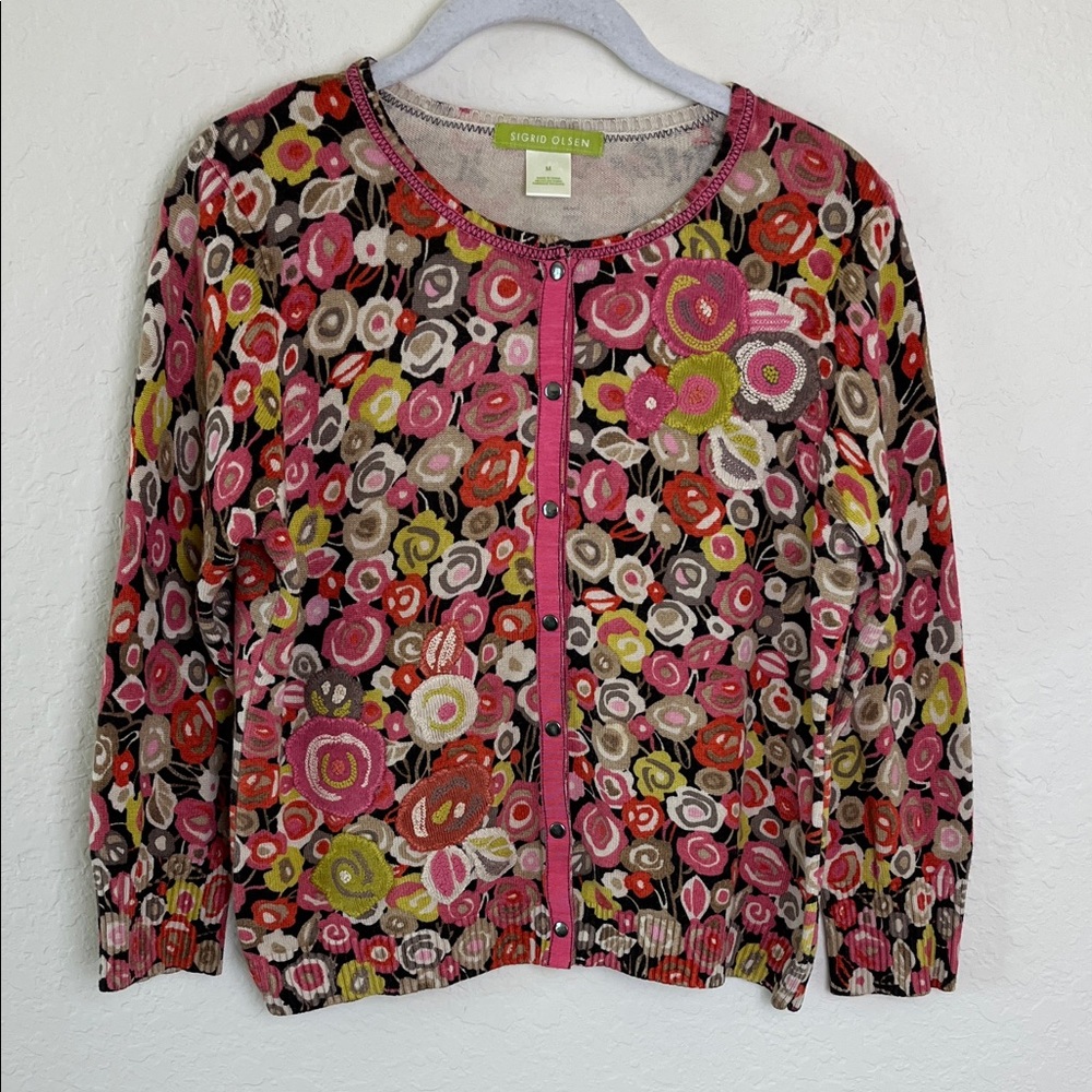 Sigrid Olsen Cottagecore Floral Silk Blend Cardigan Sweater Sz M